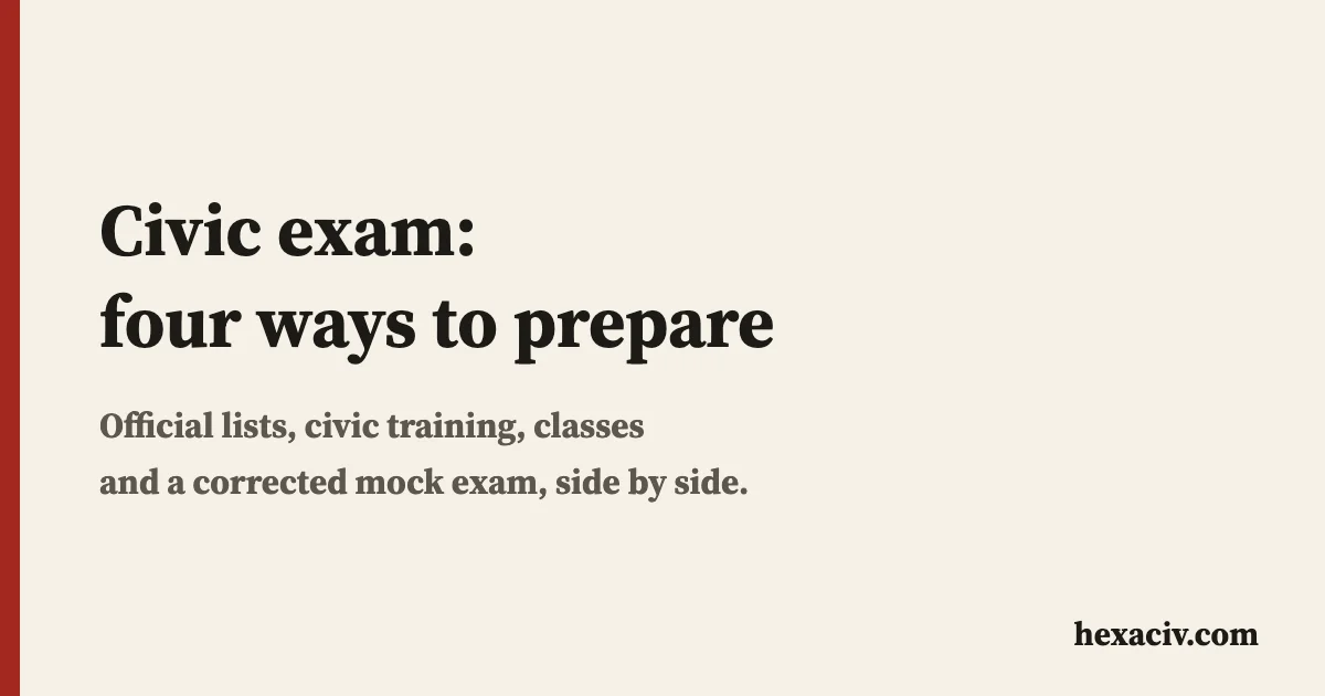 Title card: civic exam, four ways to prepare, with the words official lists, civic training, classes and corrected mock exam on a beige background