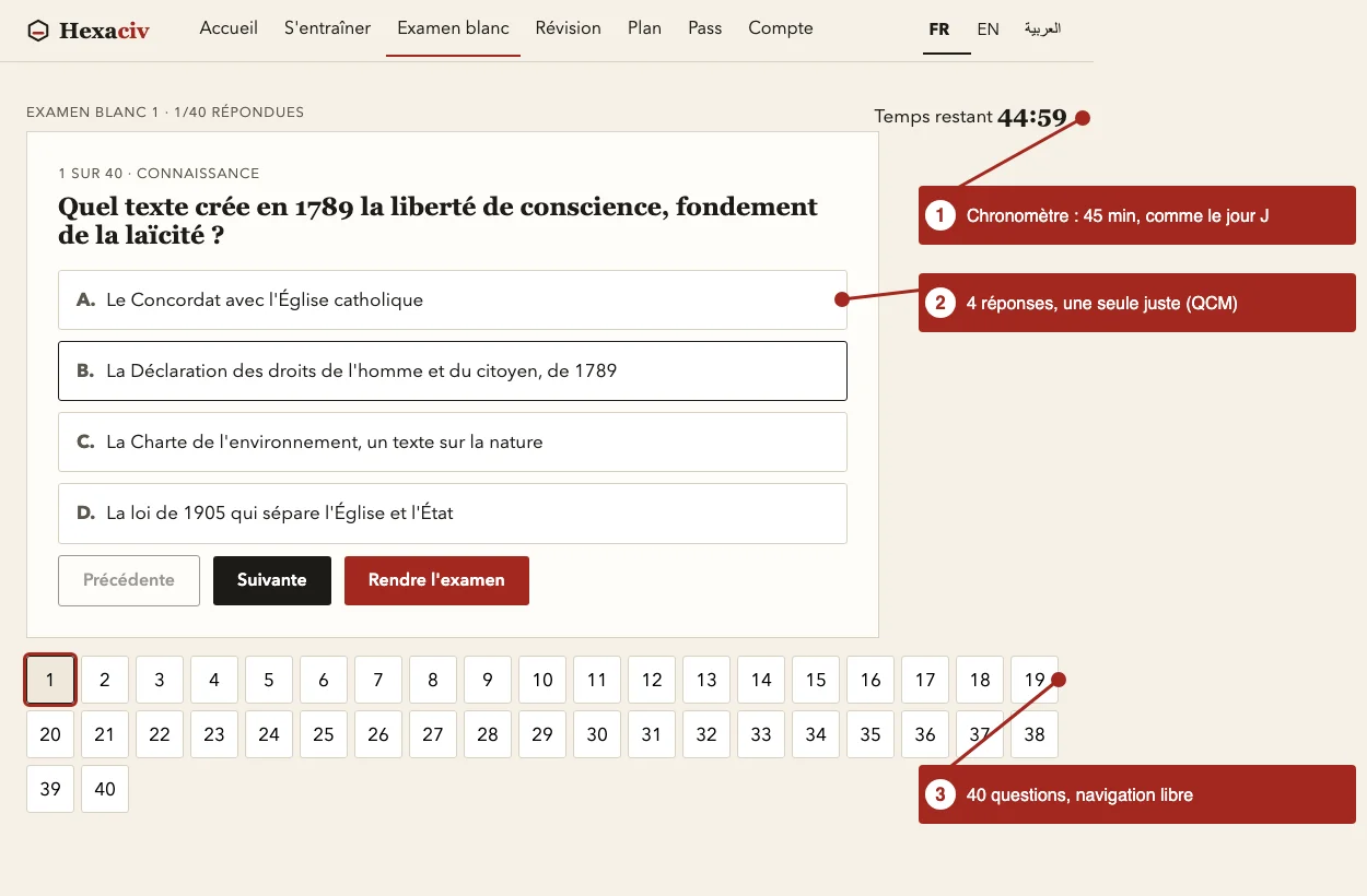 Capture de l'examen blanc Hexaciv : chronomètre de 45 minutes, question à quatre réponses, grille des 40 questions