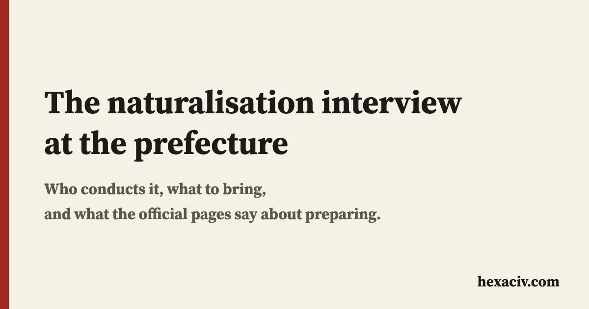 Title card: the naturalisation interview at the prefecture, who conducts it, what to bring, and what the official pages say about preparing