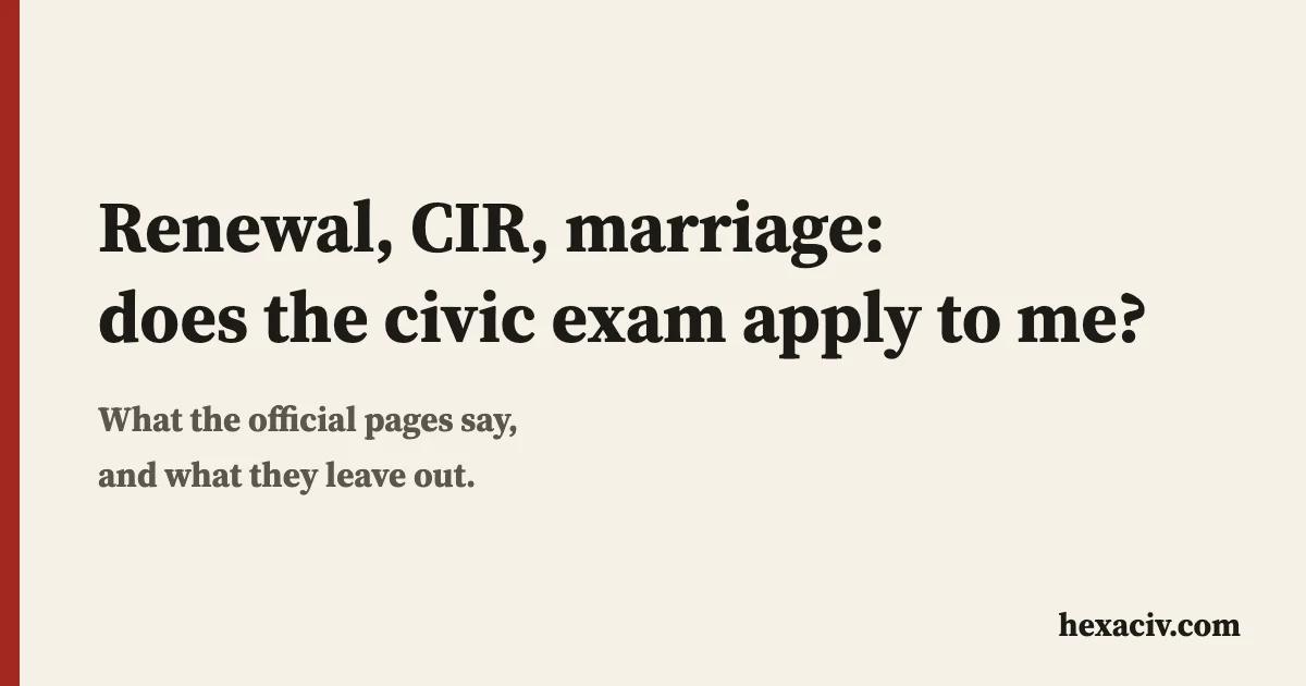 Title card "Renewal, CIR, marriage, file before 2026: does the civic exam apply to me?" on a beige background