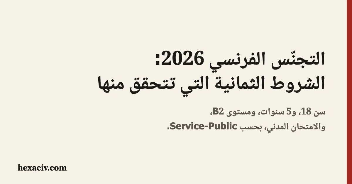 صورة العنوان: التجنّس، ثمانية شروط تتحقق منها في 2026، وعليها عبارات سن 18 و5 سنوات ومستوى B2 والامتحان المدني، على خلفية بيج