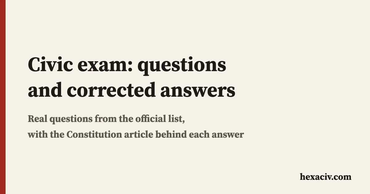 Title card: French civic exam, questions and corrected answers taken from the official list, with the article of the Constitution