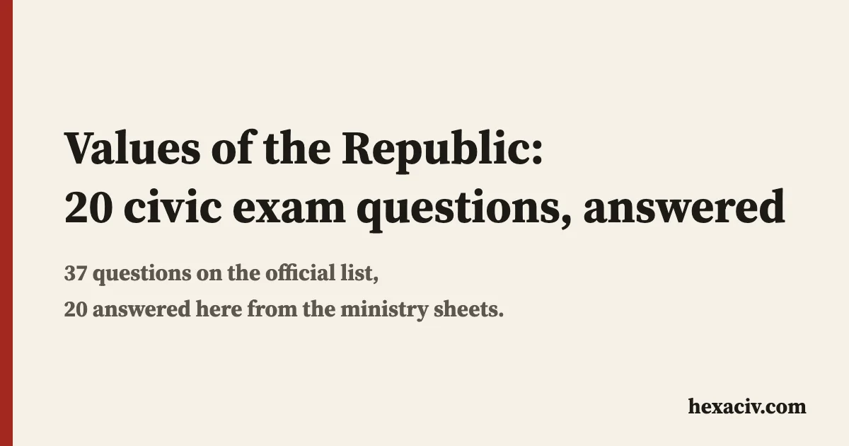 Title card: values of the Republic, 20 questions answered, with 37 questions on the official list and 20 answered here