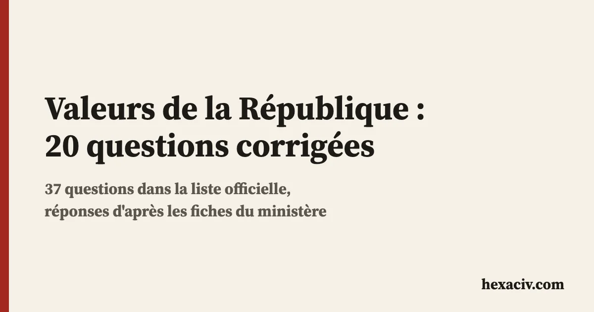Carte titre : valeurs de la République, 20 questions corrigées, avec les chiffres 37 questions dans la liste officielle et 20 corrigées ici